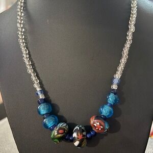 925 Murano Glass Milefori Beaded Necklace Stamped STG Sterling 17"